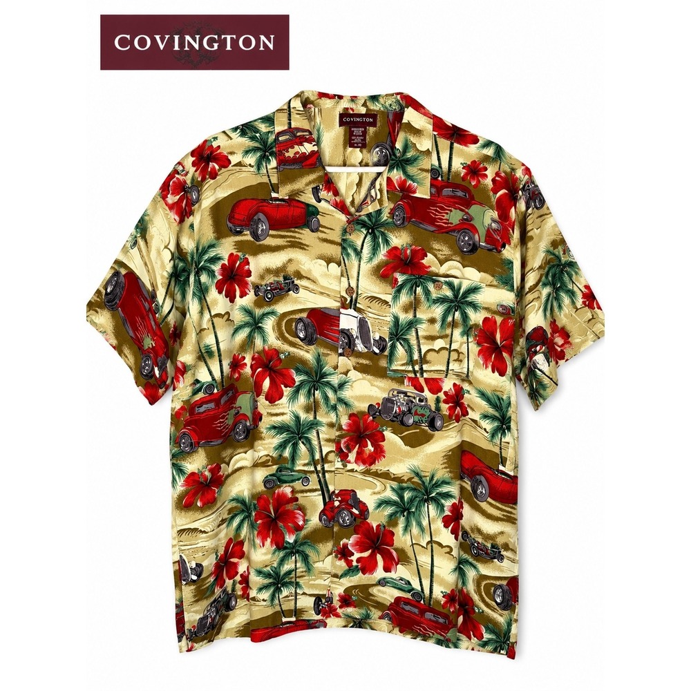 Covington Hawaiian Hot Rod Print Rayon Camp Shirt XL Retro Cars Tropical Aloha